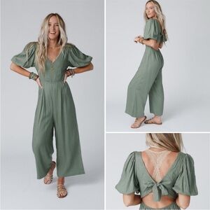 Aaron & Amber Weekend Puff Sleeve Linen Blend Tie Back Romper Jumper
